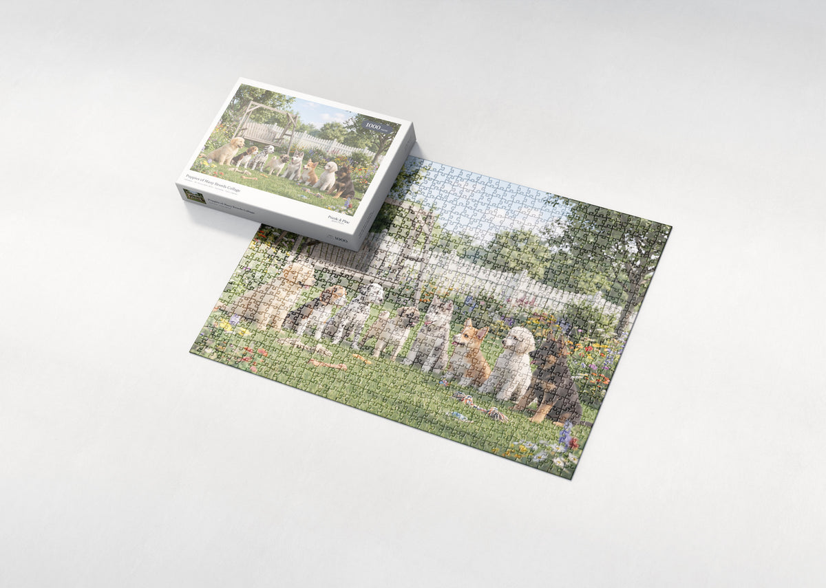 Puppies of Many Breeds Collage jigsaw puzzle - box and puzzle