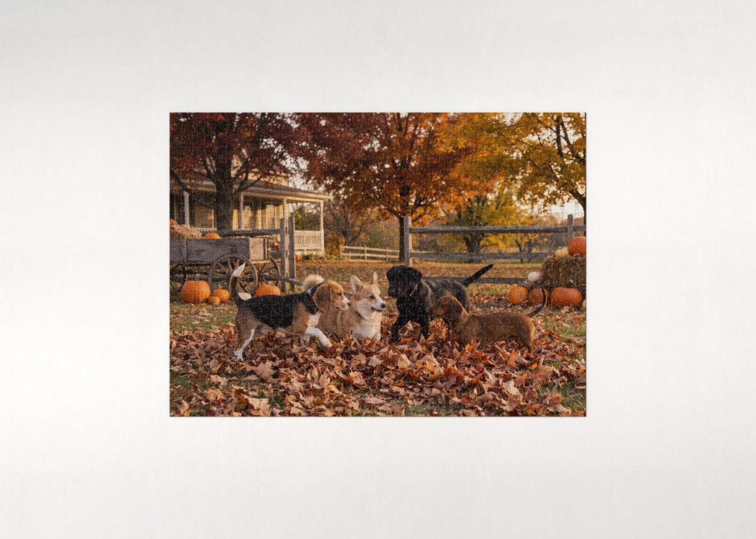 Puppies Playing in the Autumn Leaves jigsaw puzzle - gift box