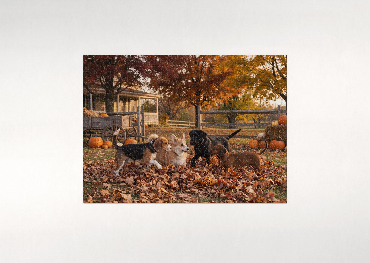 Puppies Playing in the Autumn Leaves jigsaw puzzle - flat puzzle