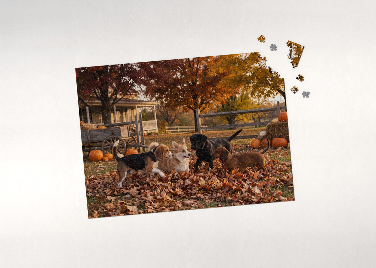 Puppies Playing in the Autumn Leaves jigsaw puzzle - puzzle with loose pieces