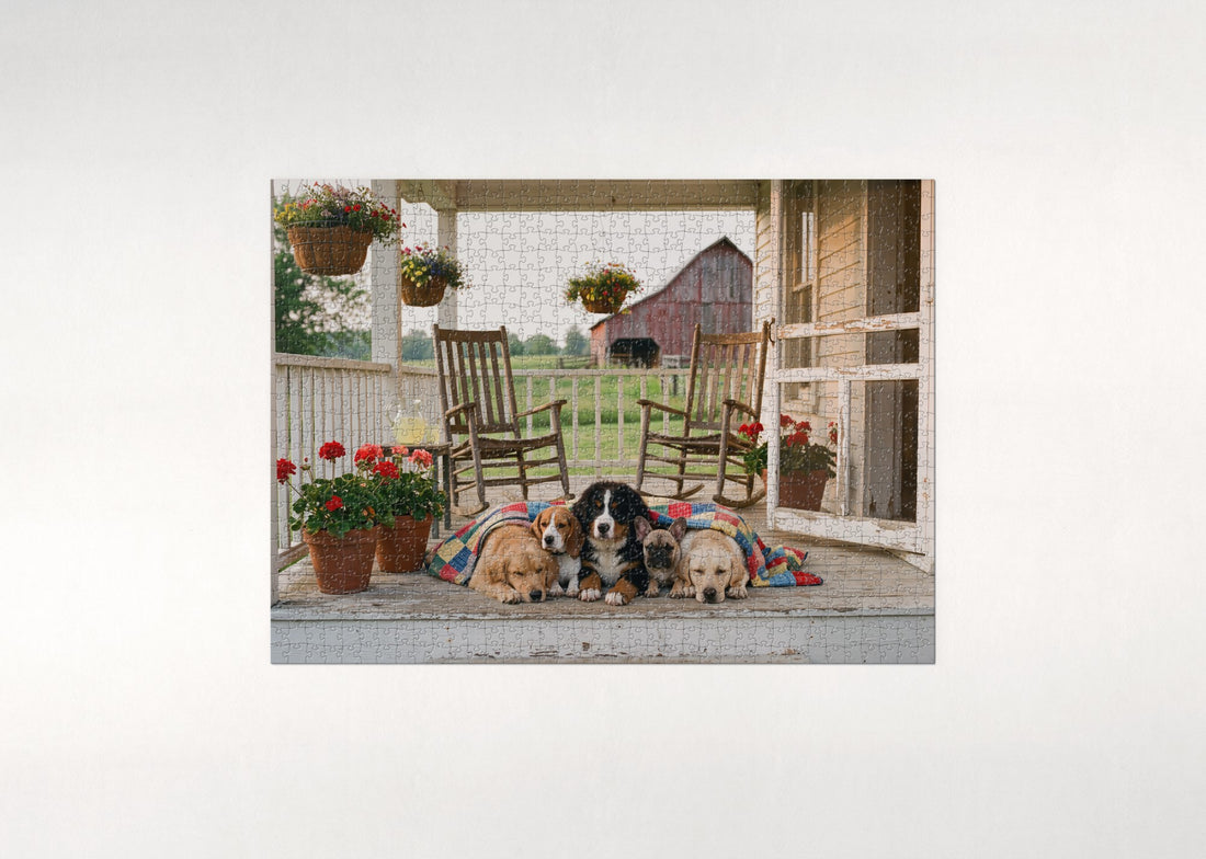 Puppy Pile on the Farmhouse Porch jigsaw puzzle - gift box