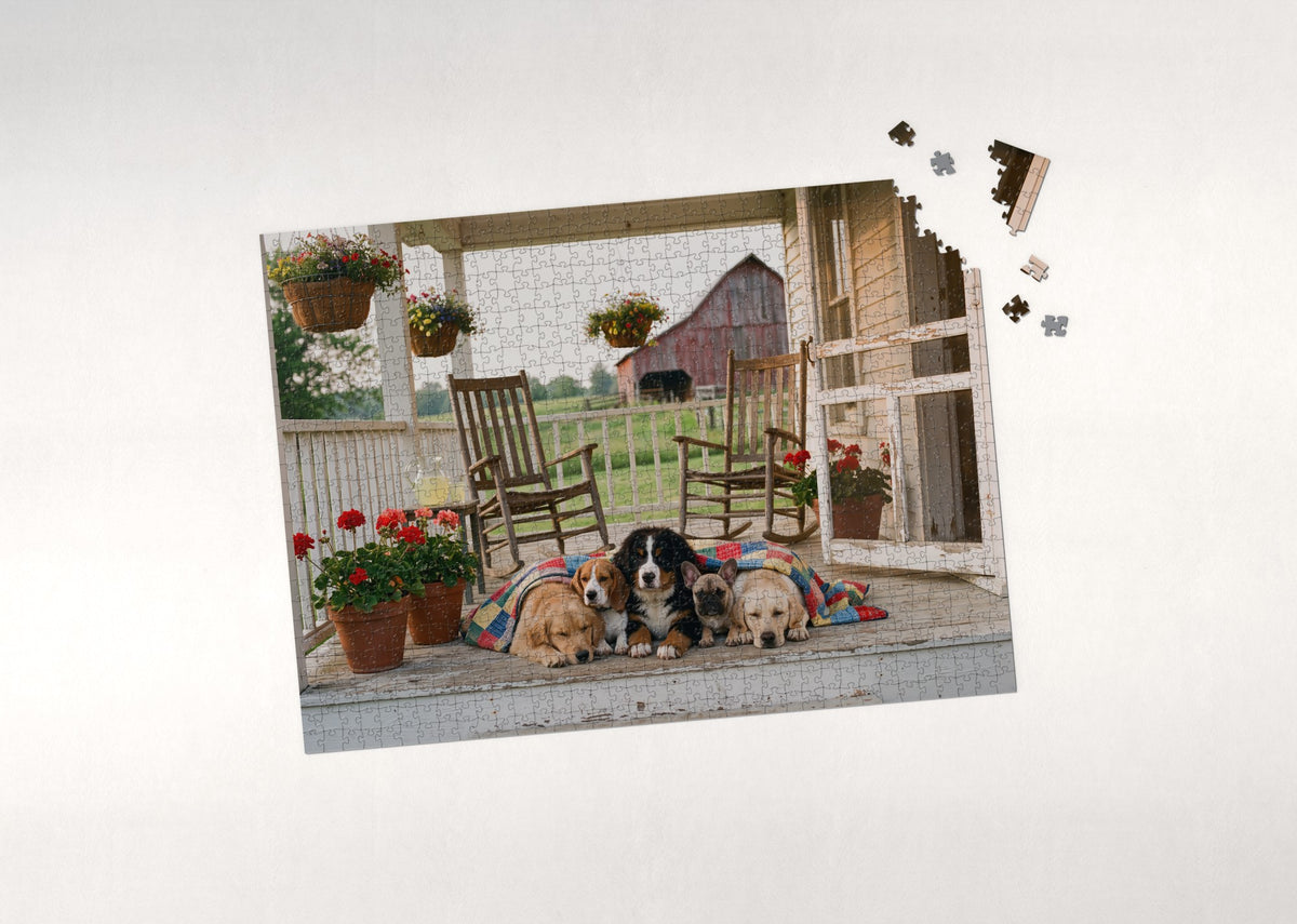Puppy Pile on the Farmhouse Porch jigsaw puzzle - puzzle with loose pieces