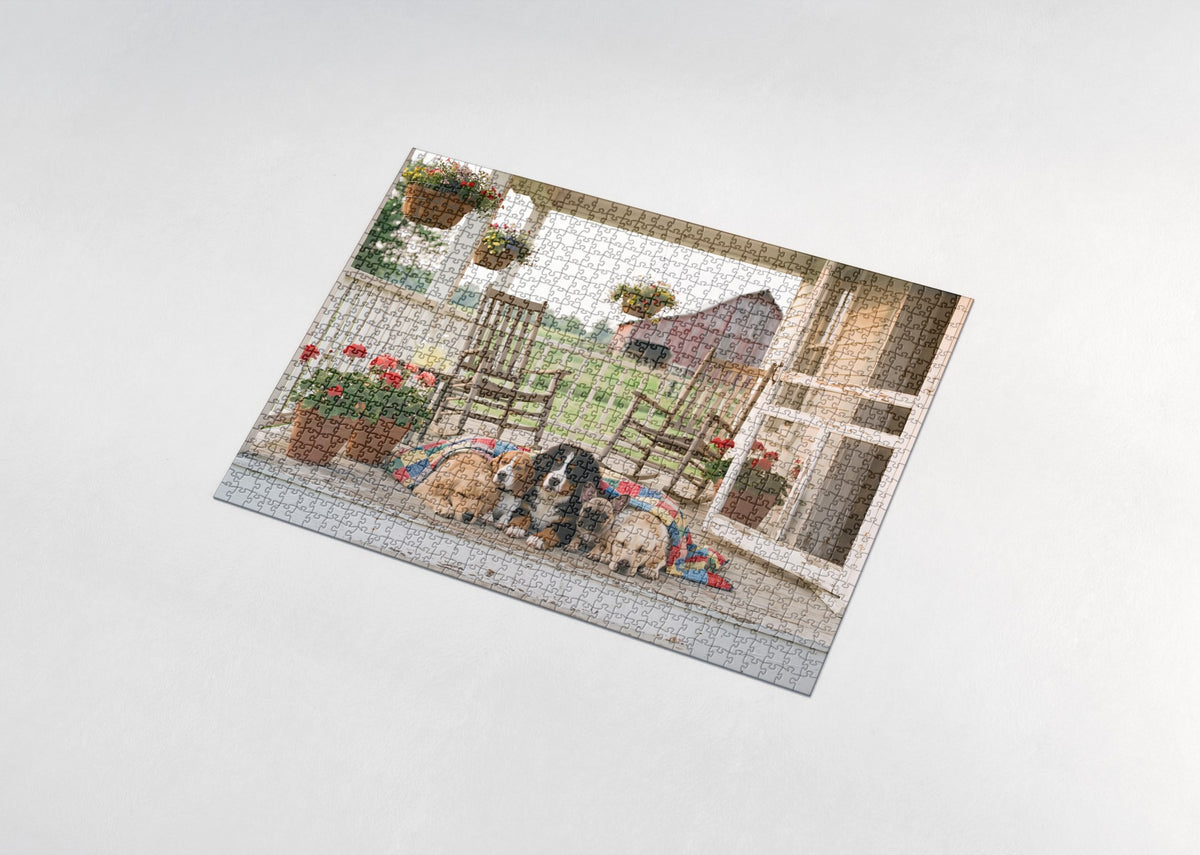 Puppy Pile on the Farmhouse Porch jigsaw puzzle - assembled puzzle