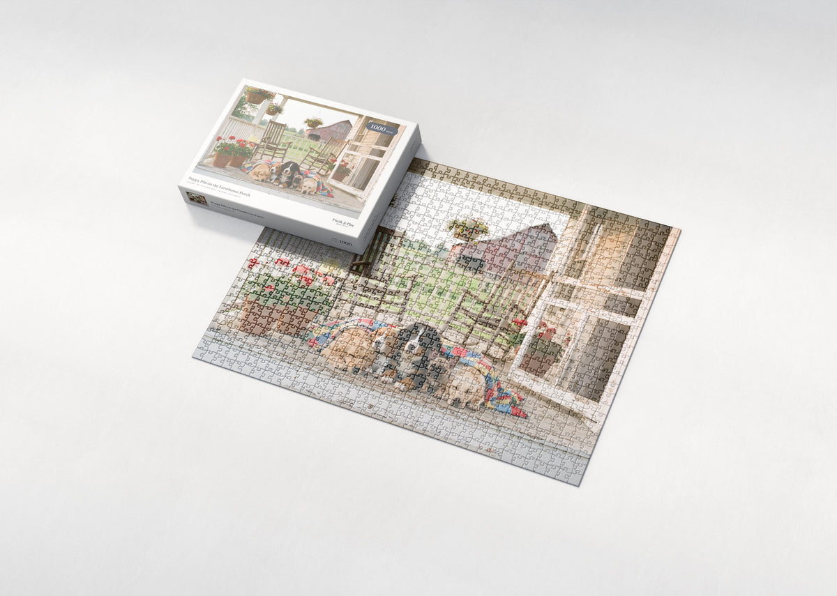 Puppy Pile on the Farmhouse Porch jigsaw puzzle - box and puzzle