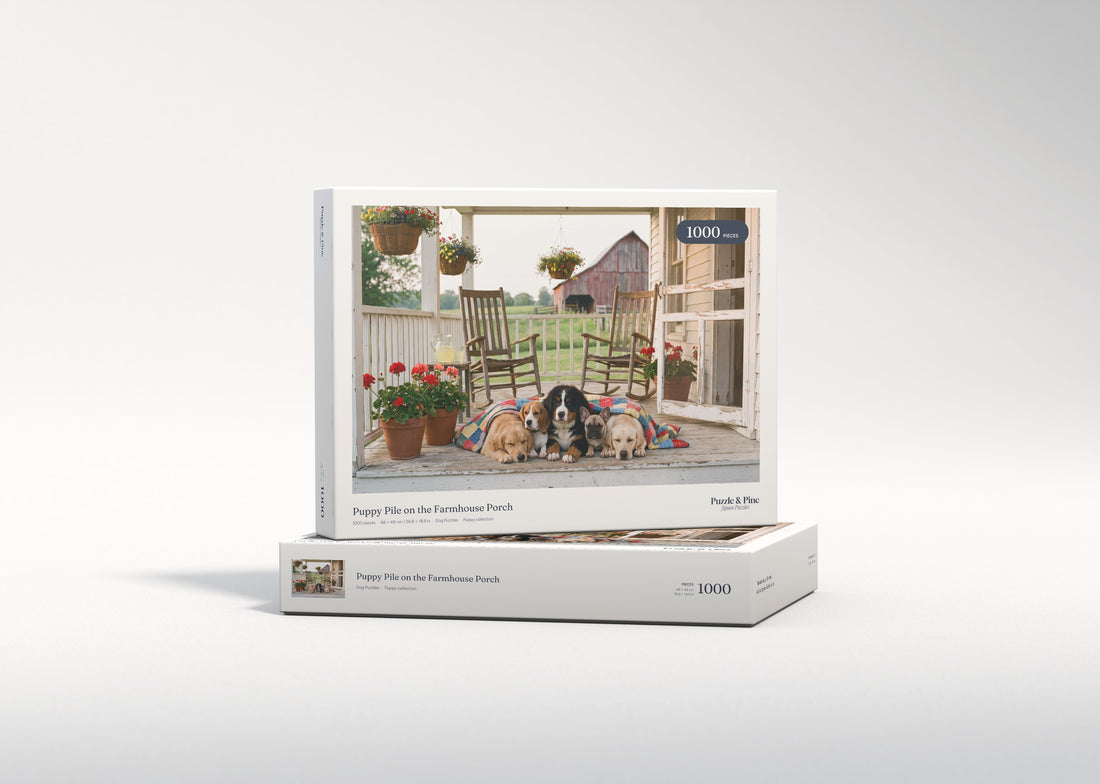 Puppy Pile on the Farmhouse Porch jigsaw puzzle - gift box