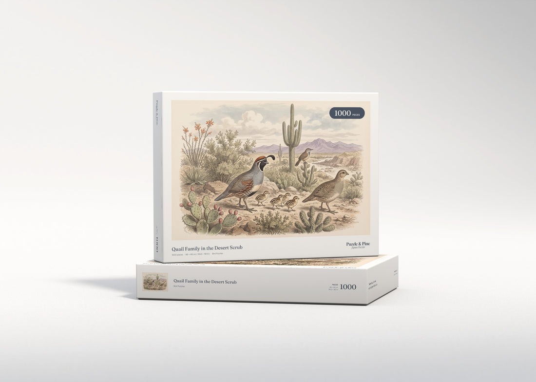 Quail Family in the Desert Scrub jigsaw puzzle - gift box