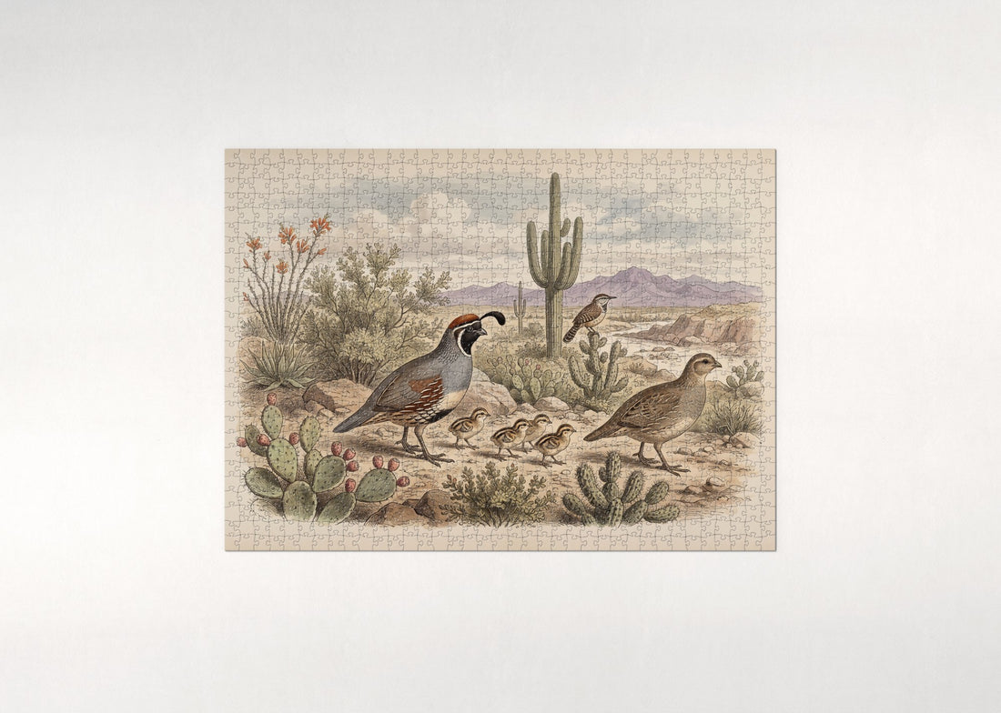 Quail Family in the Desert Scrub jigsaw puzzle - gift box