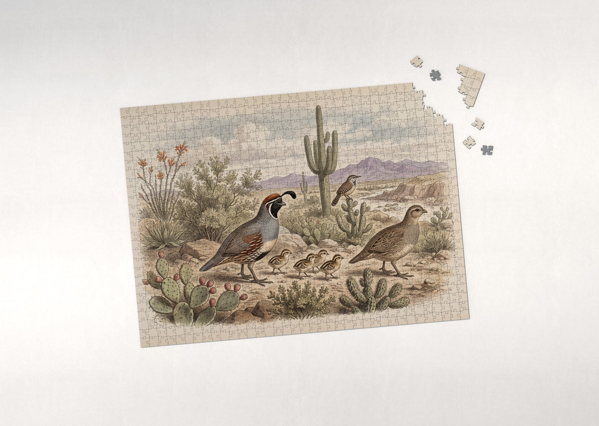Quail Family in the Desert Scrub jigsaw puzzle - puzzle with loose pieces