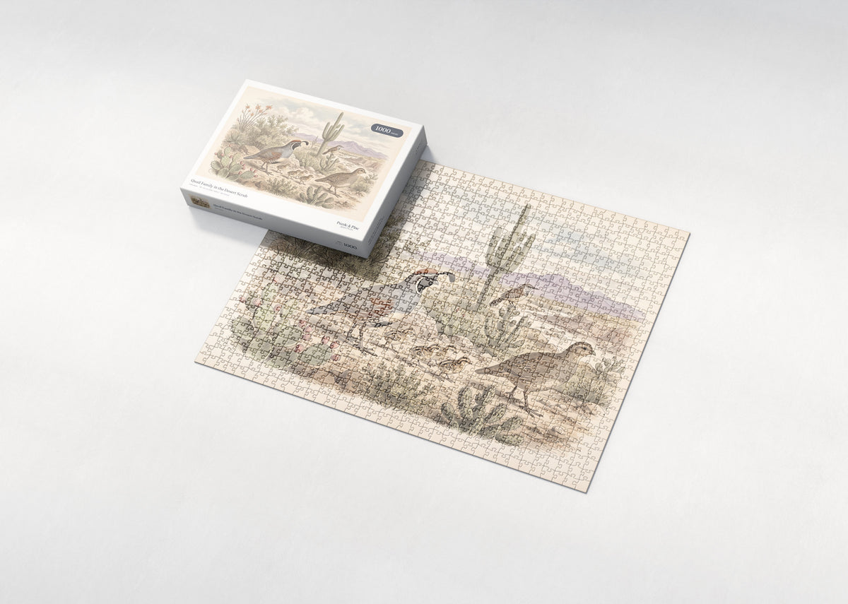 Quail Family in the Desert Scrub jigsaw puzzle - box and puzzle