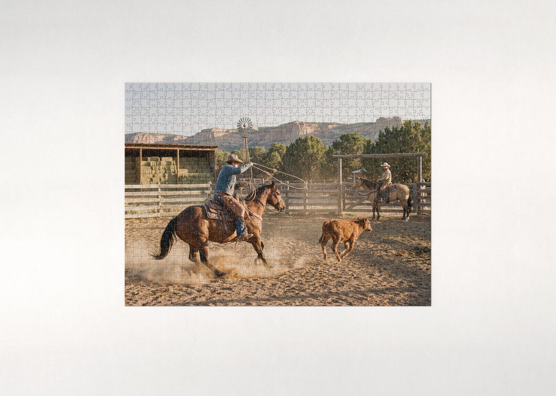 Quarter Horse and Cowboy Roping at the Ranch jigsaw puzzle - gift box