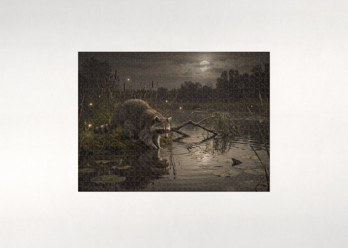 Raccoon at the Moonlit Pond jigsaw puzzle - flat puzzle