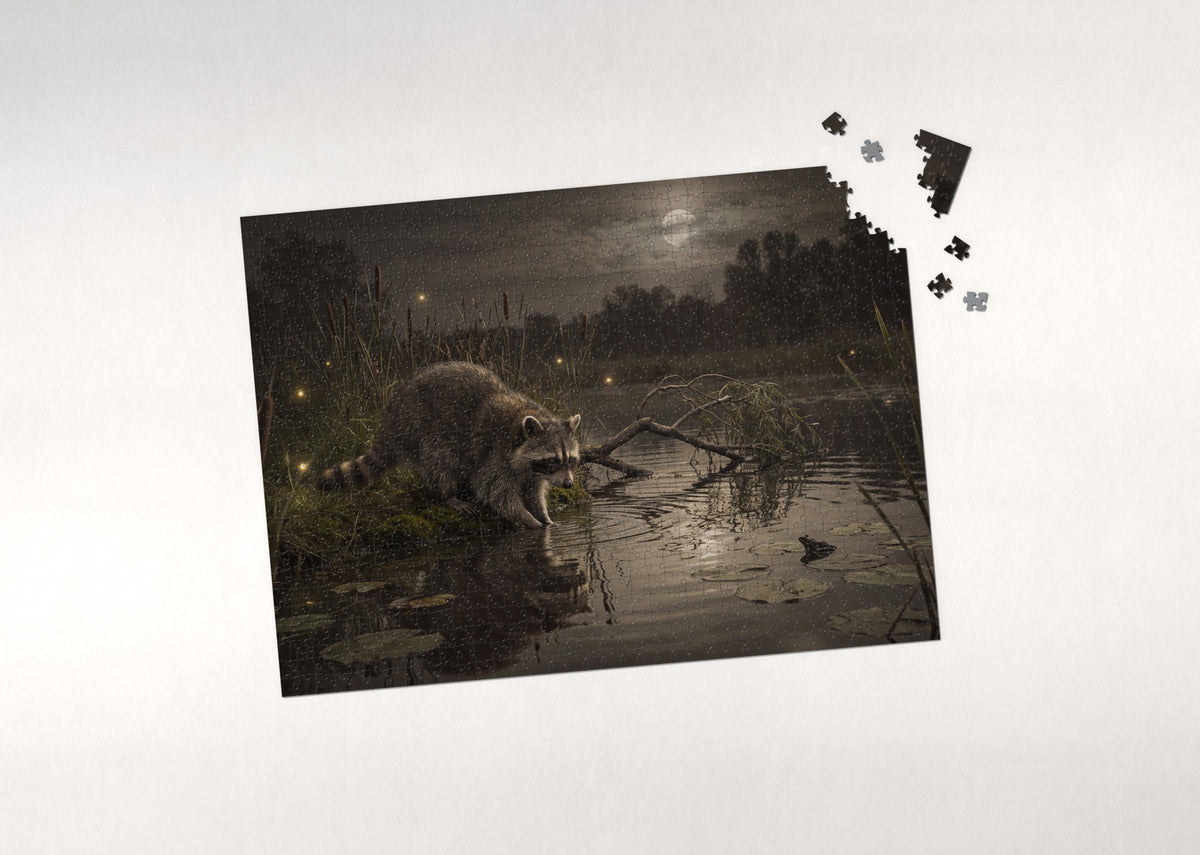 Raccoon at the Moonlit Pond jigsaw puzzle - puzzle with loose pieces