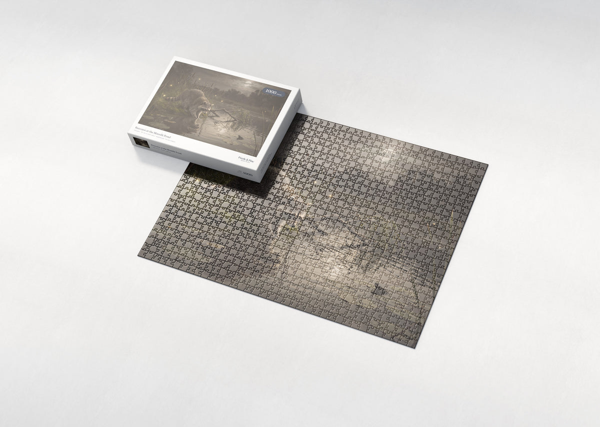 Raccoon at the Moonlit Pond jigsaw puzzle - box and puzzle