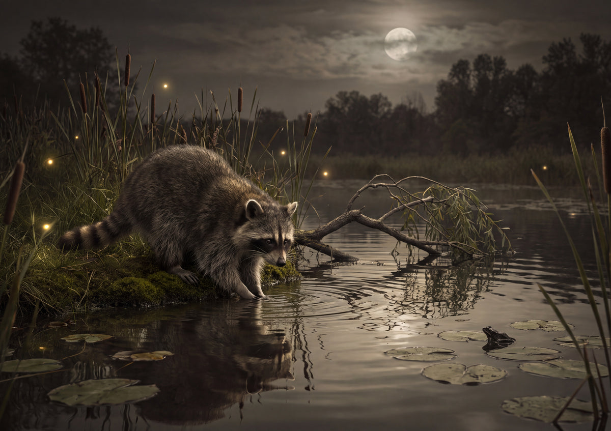 Raccoon at the Moonlit Pond jigsaw puzzle