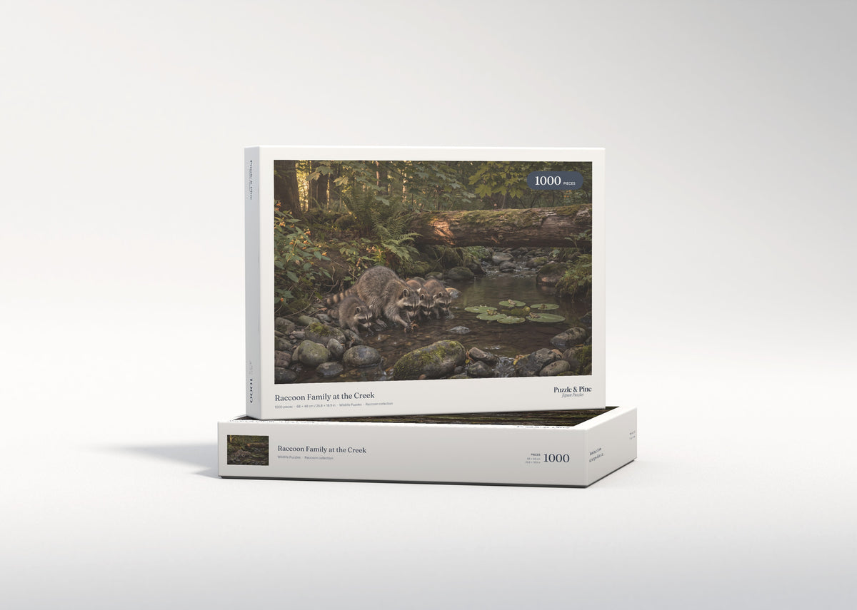 Raccoon Family at the Creek jigsaw puzzle - gift box