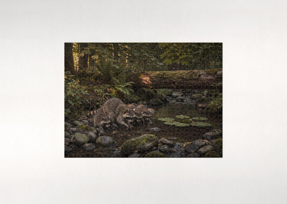 Raccoon Family at the Creek jigsaw puzzle - gift box