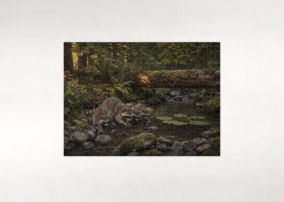 Raccoon Family at the Creek jigsaw puzzle - flat puzzle