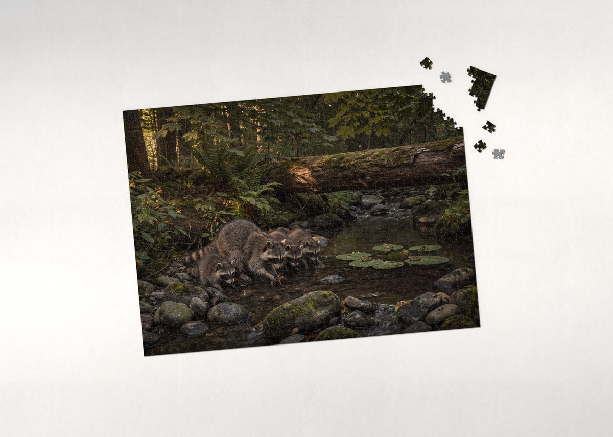 Raccoon Family at the Creek jigsaw puzzle - puzzle with loose pieces
