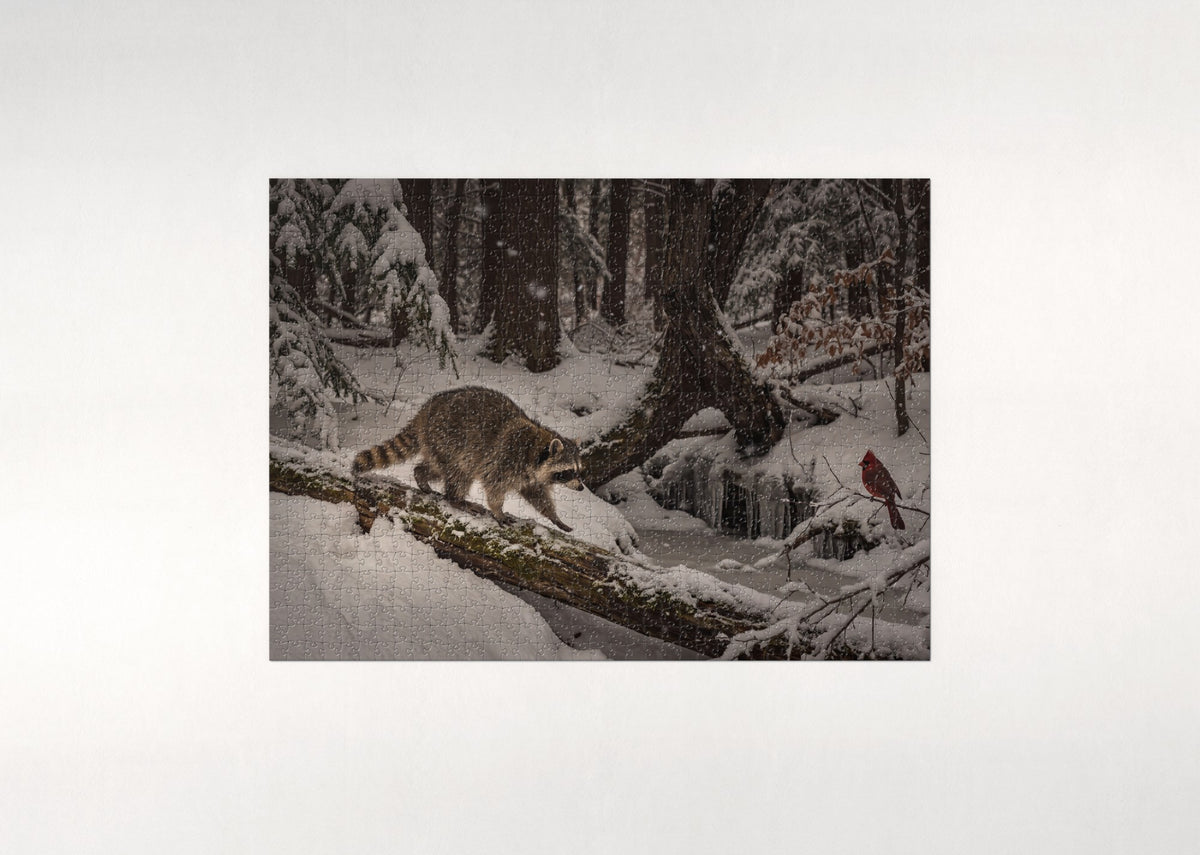 Raccoon in the Snowy Forest jigsaw puzzle - flat puzzle