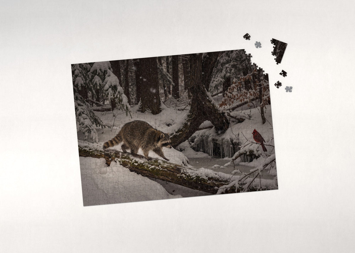Raccoon in the Snowy Forest jigsaw puzzle - puzzle with loose pieces