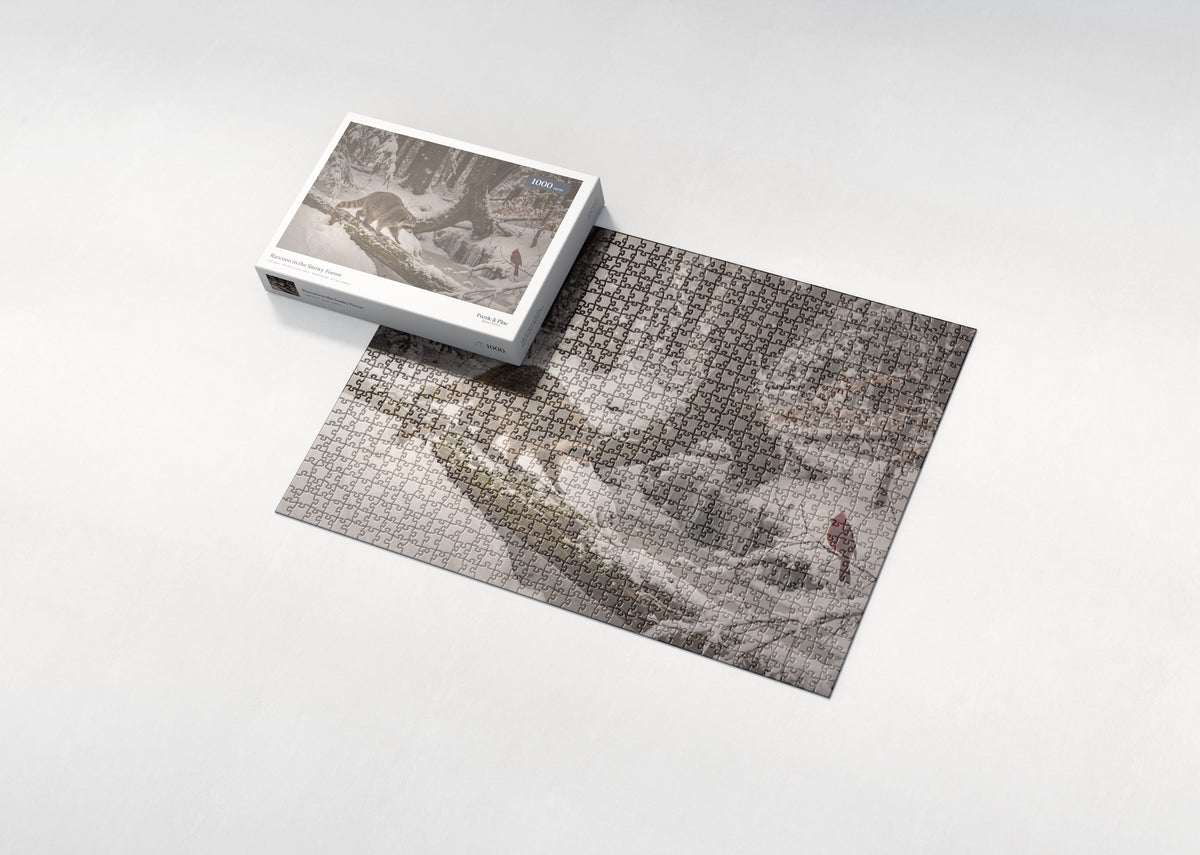 Raccoon in the Snowy Forest jigsaw puzzle - box and puzzle