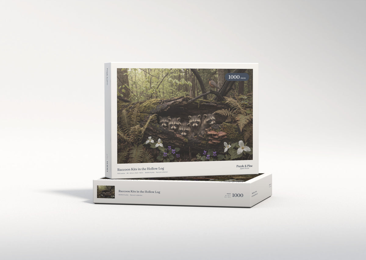 Raccoon Kits in the Hollow Log jigsaw puzzle - gift box