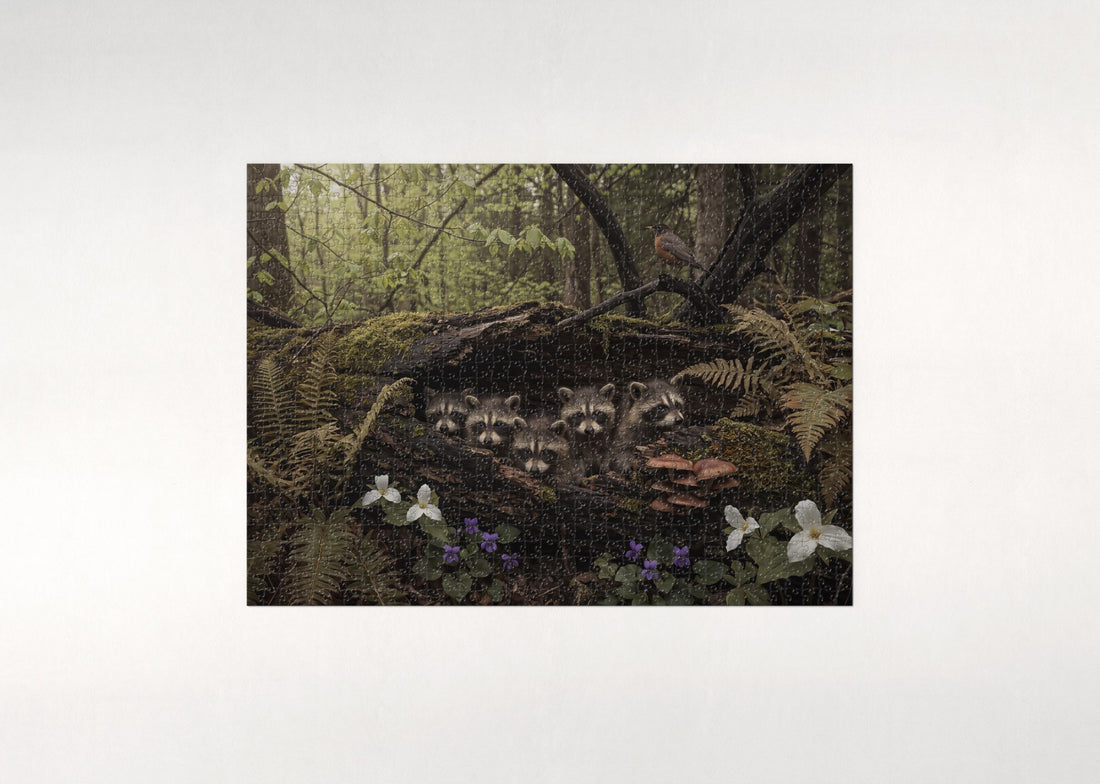 Raccoon Kits in the Hollow Log jigsaw puzzle - gift box