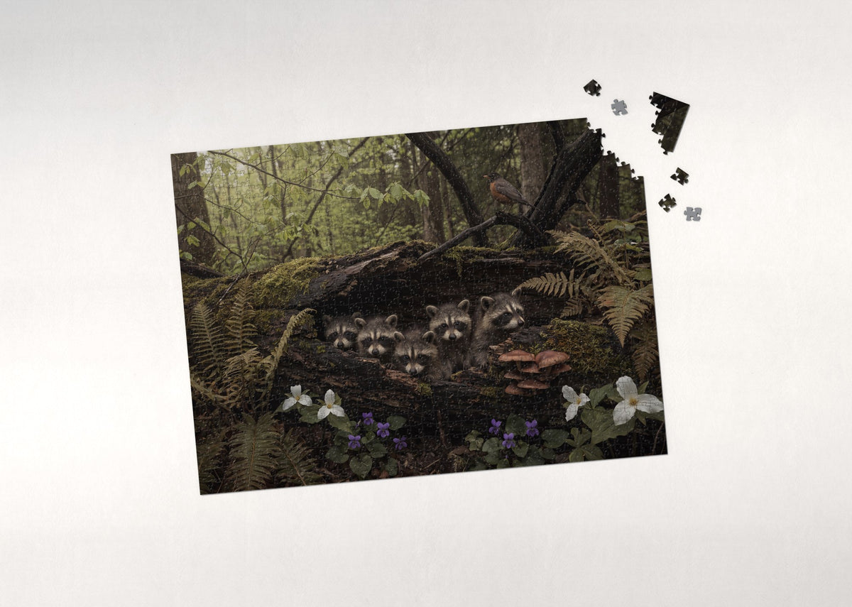 Raccoon Kits in the Hollow Log jigsaw puzzle - puzzle with loose pieces