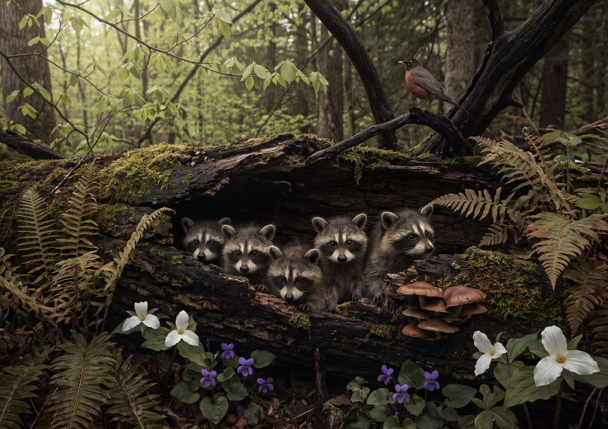 Raccoon Kits in the Hollow Log jigsaw puzzle