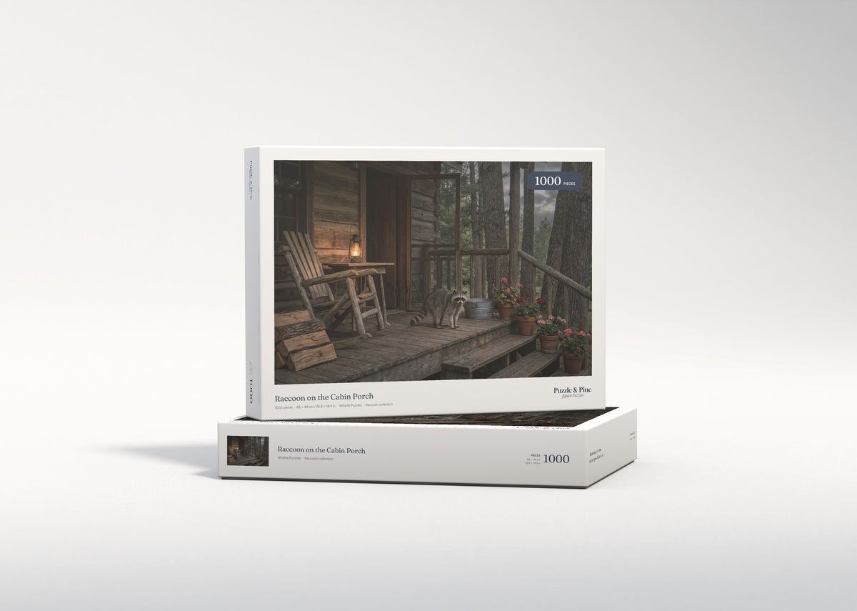 Raccoon on the Cabin Porch jigsaw puzzle - gift box
