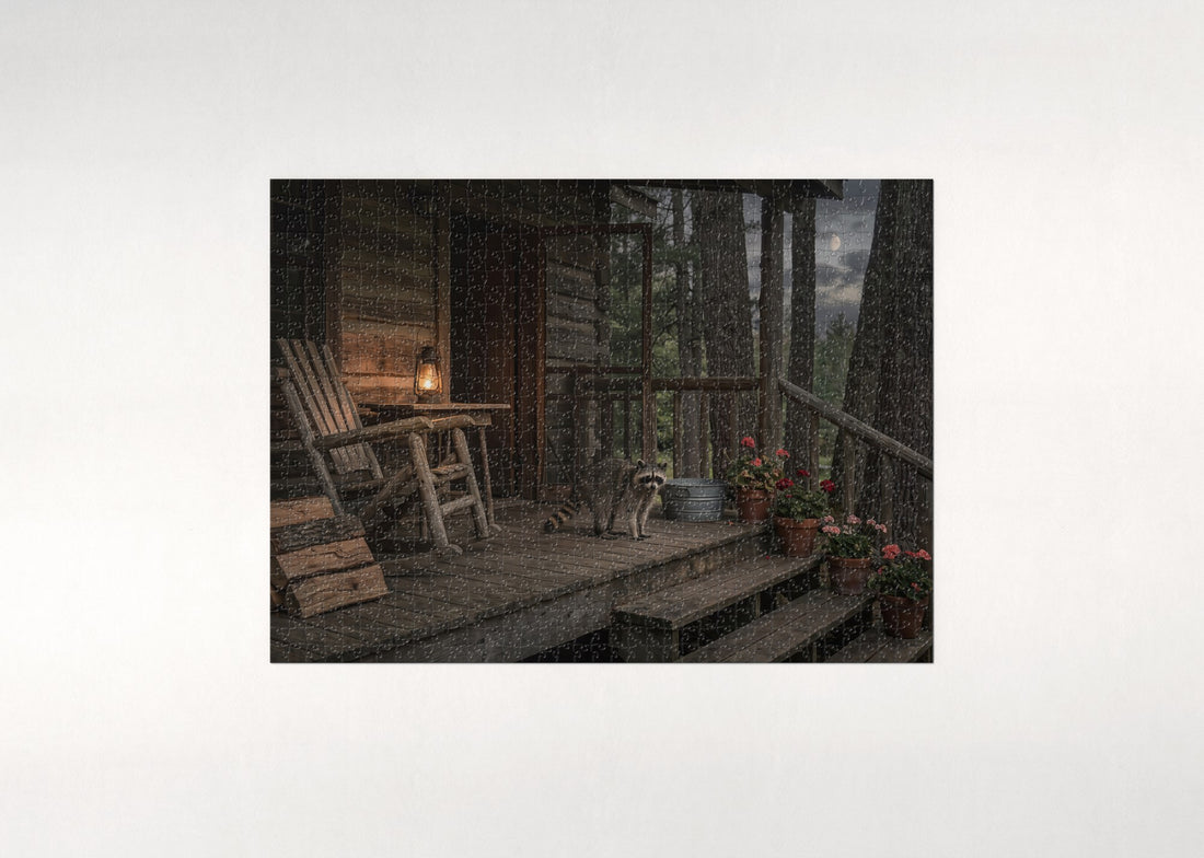 Raccoon on the Cabin Porch jigsaw puzzle - gift box