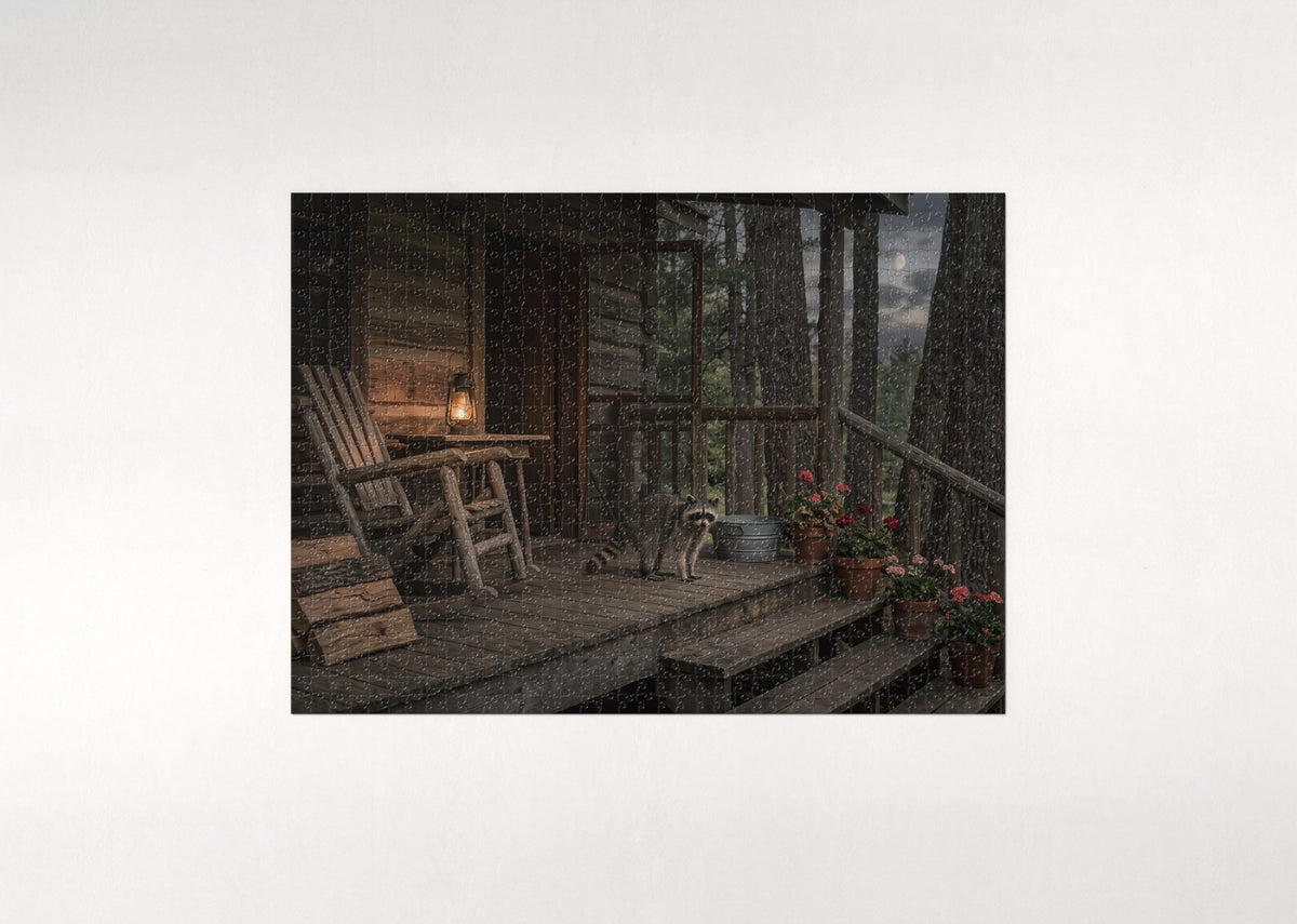 Raccoon on the Cabin Porch jigsaw puzzle - flat puzzle