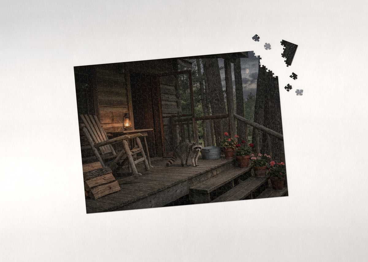 Raccoon on the Cabin Porch jigsaw puzzle - puzzle with loose pieces
