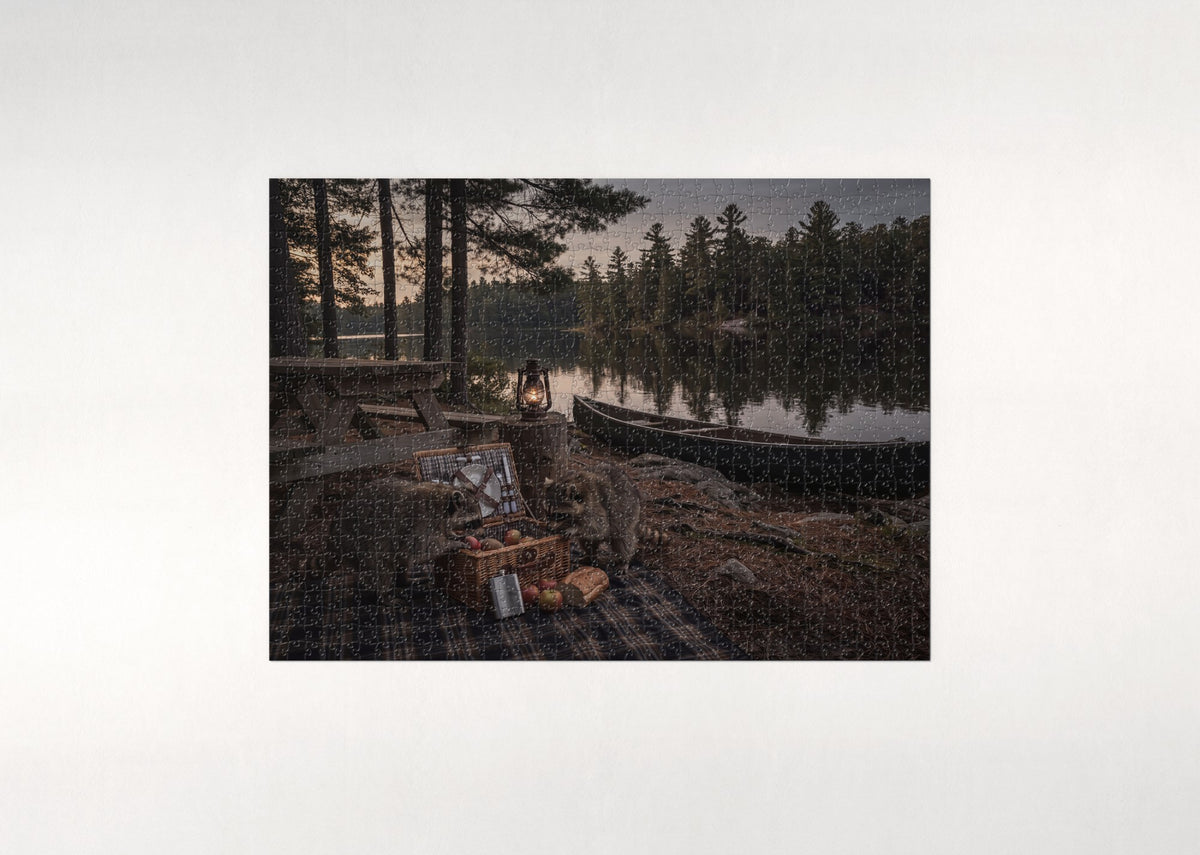 Raccoons Raiding the Picnic Basket jigsaw puzzle - flat puzzle