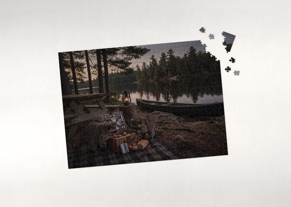Raccoons Raiding the Picnic Basket jigsaw puzzle - puzzle with loose pieces