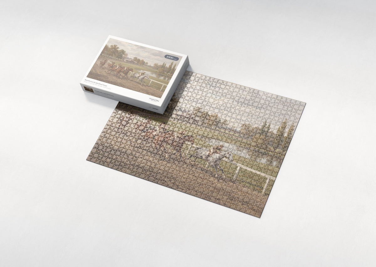 Racehorses in the Final Turn jigsaw puzzle - box and puzzle