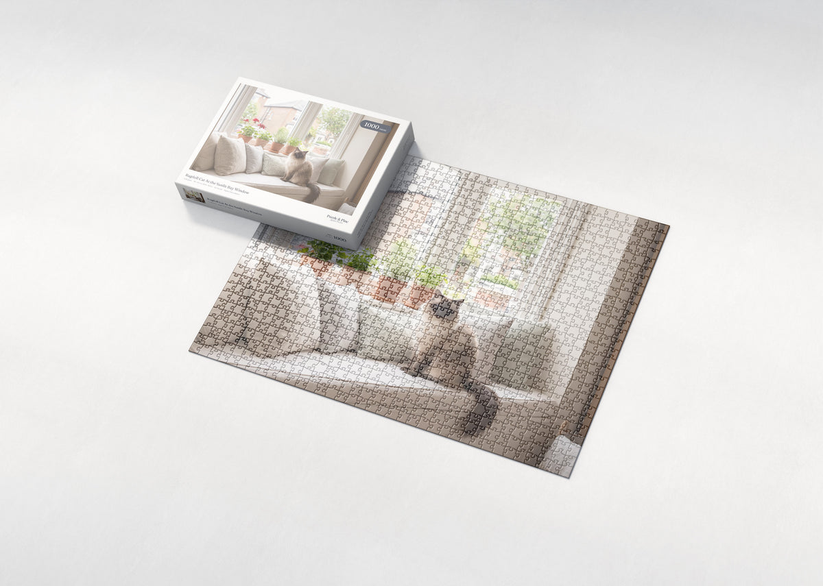 Ragdoll Cat At the Sunlit Bay Window jigsaw puzzle - box and puzzle