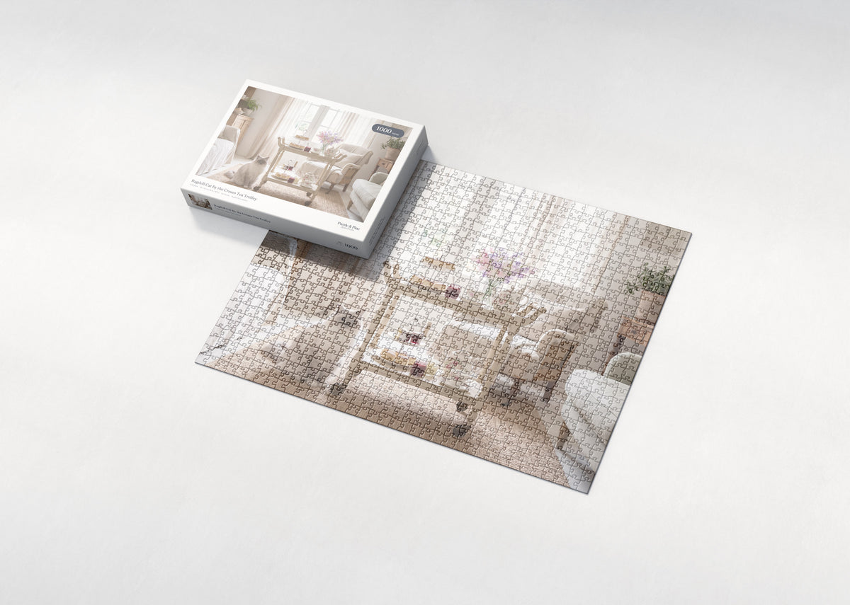 Ragdoll Cat By the Cream Tea Trolley jigsaw puzzle - box and puzzle