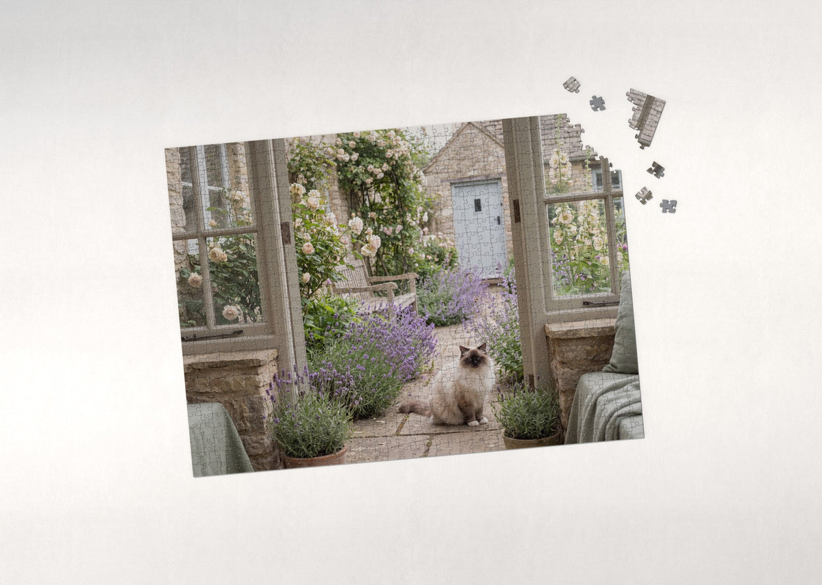 Ragdoll Cat In the Lavender Cottage Garden jigsaw puzzle - puzzle with loose pieces