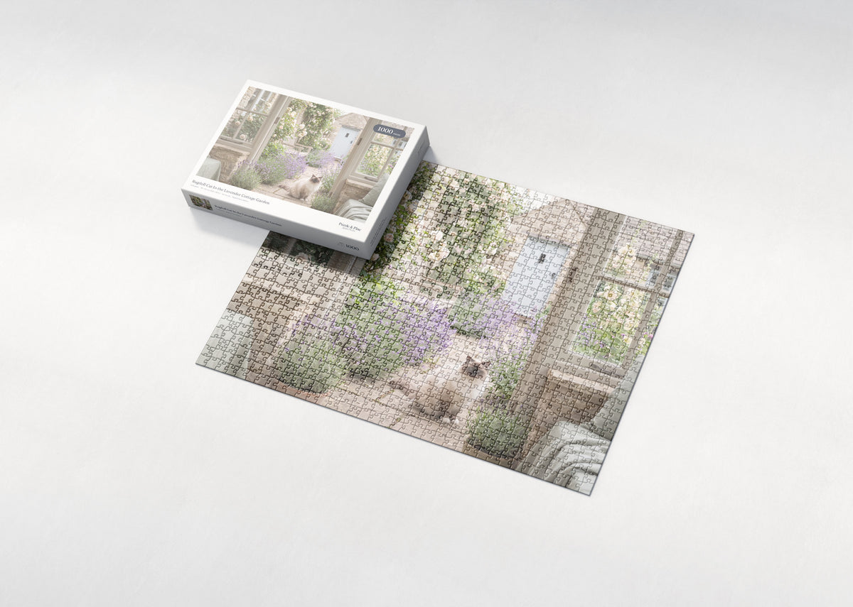 Ragdoll Cat In the Lavender Cottage Garden jigsaw puzzle - box and puzzle