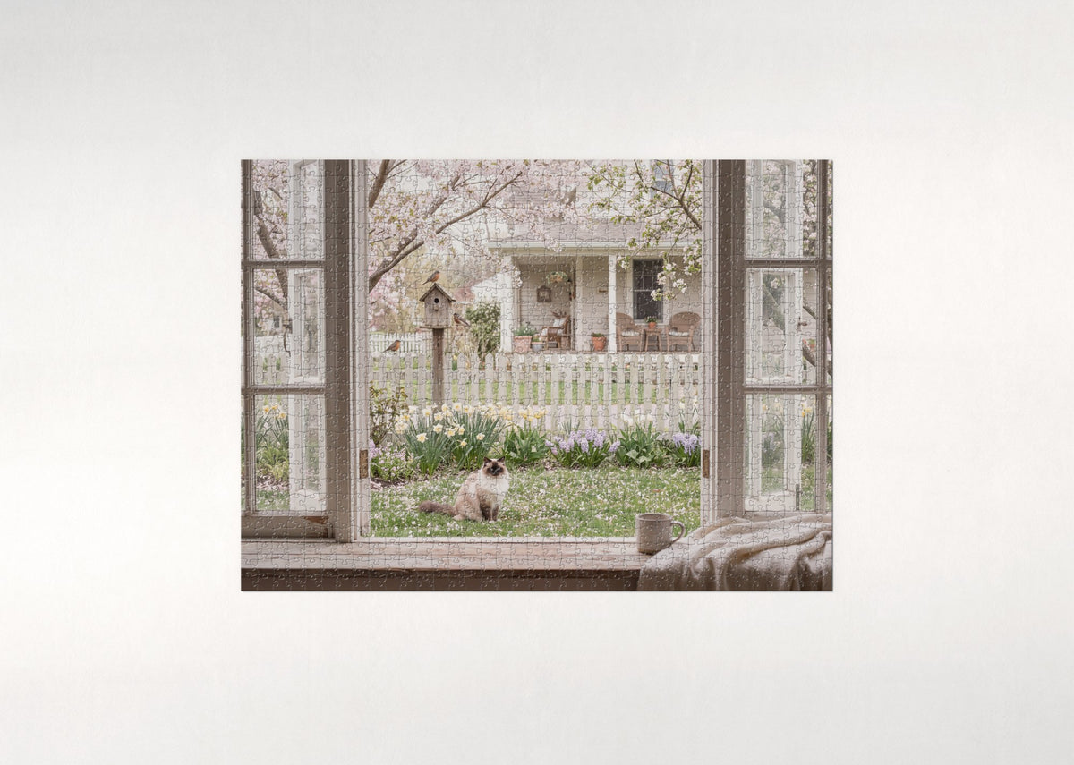 Ragdoll Cat In the Spring Blossom Yard jigsaw puzzle - flat puzzle