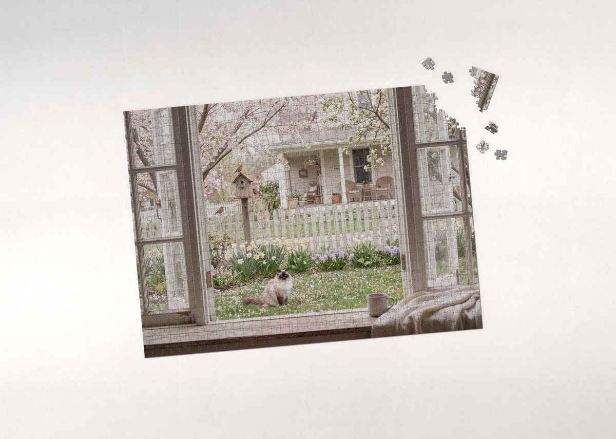 Ragdoll Cat In the Spring Blossom Yard jigsaw puzzle - puzzle with loose pieces