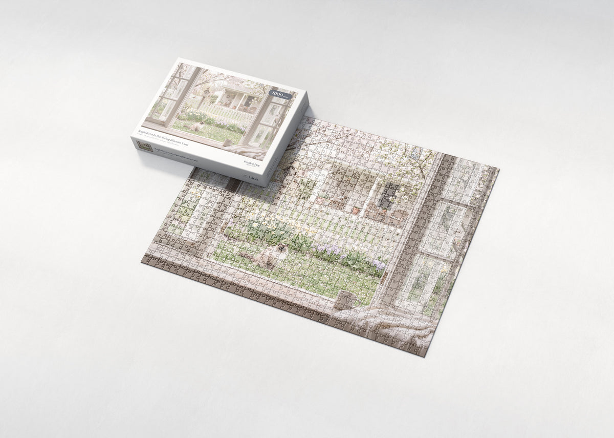 Ragdoll Cat In the Spring Blossom Yard jigsaw puzzle - box and puzzle