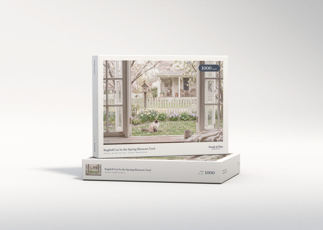 Ragdoll Cat In the Spring Blossom Yard jigsaw puzzle - gift box