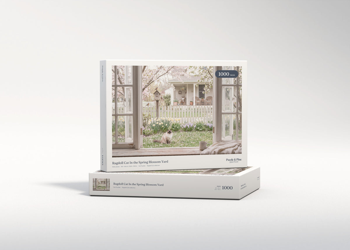 Ragdoll Cat In the Spring Blossom Yard jigsaw puzzle - gift box