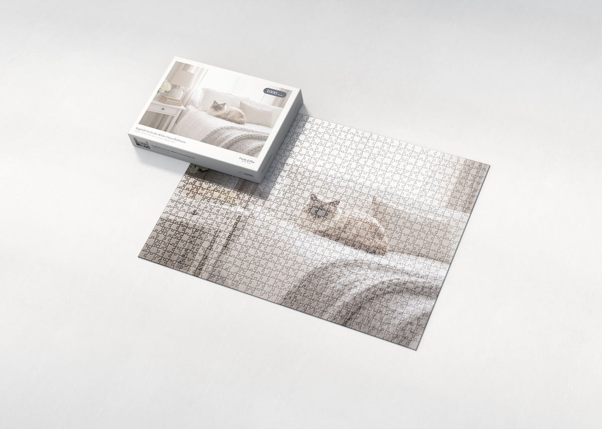 Ragdoll Cat In the White Linen Bedroom jigsaw puzzle - box and puzzle
