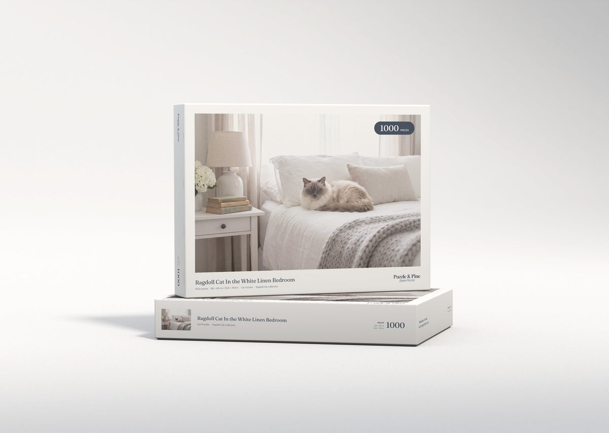 Ragdoll Cat In the White Linen Bedroom jigsaw puzzle - gift box