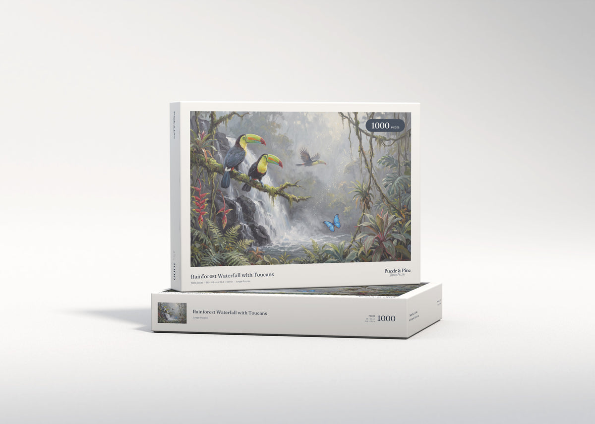 Rainforest Waterfall with Toucans jigsaw puzzle - gift box