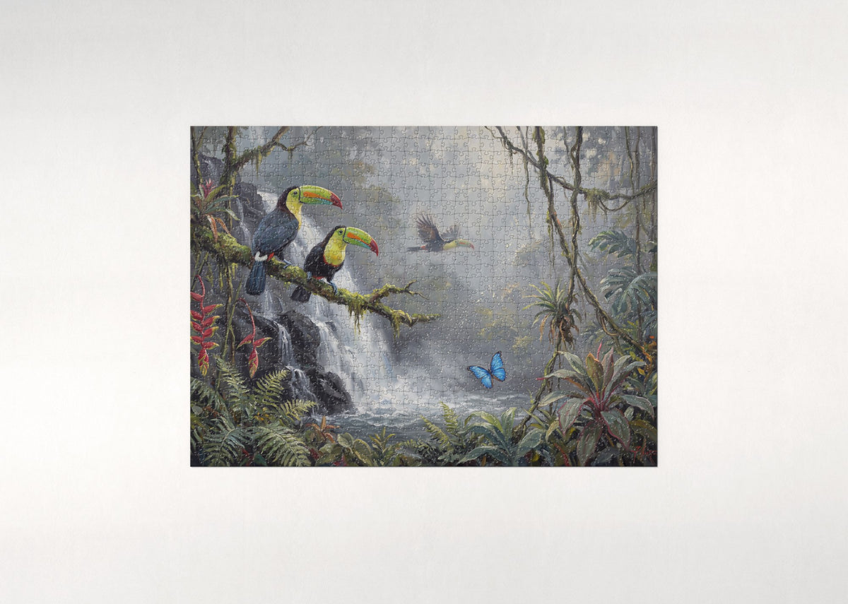 Rainforest Waterfall with Toucans jigsaw puzzle - flat puzzle