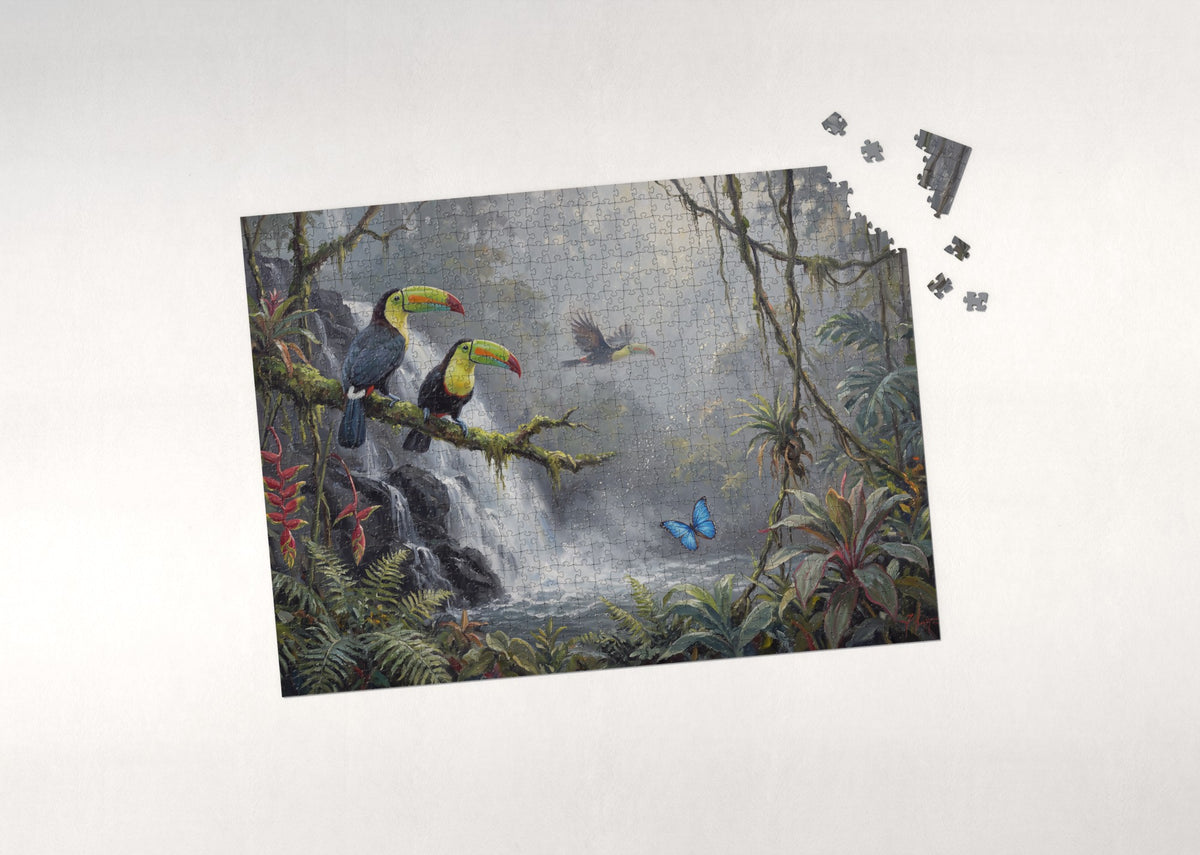 Rainforest Waterfall with Toucans jigsaw puzzle - puzzle with loose pieces